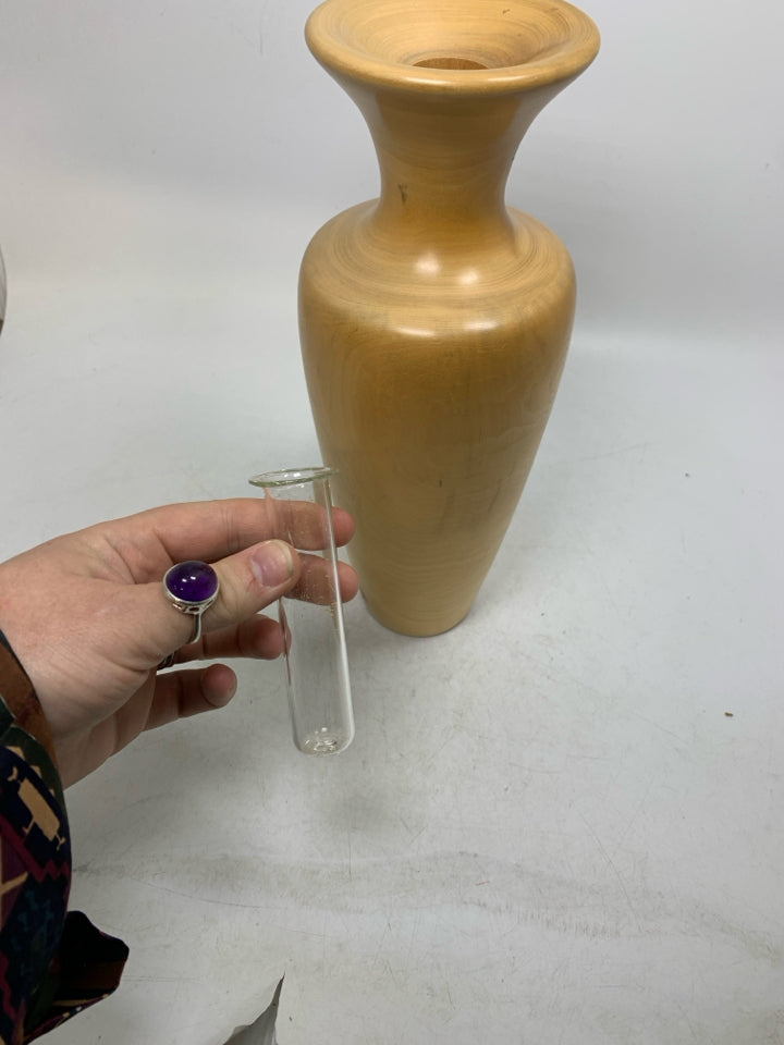HANDCRAFTED WOOD VASE W/ GLASS INSERT SPINNING ASPEN STUDIOS.