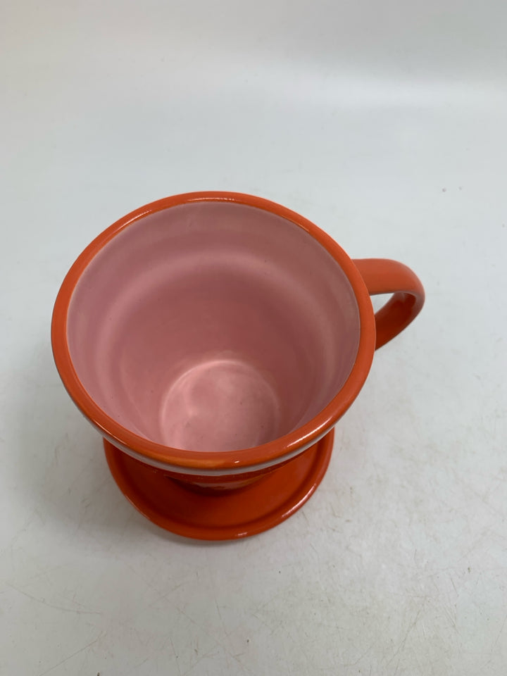PINK ORANGE FLOWER POT FLORAL MUG W/ SAUCER 2006.