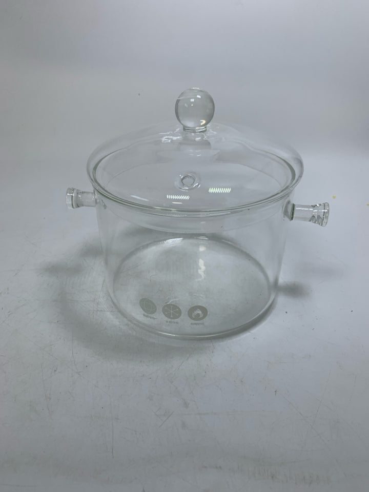 CLEAR GLASS SIMMER POT BOROSILLICATE GLASS W/ HANDLES & LID.