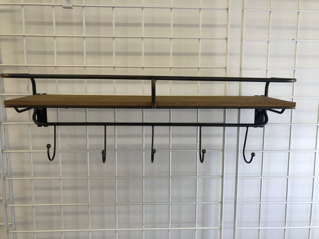 WOOD AND WIRE WALL SHELF W/HOOKS.