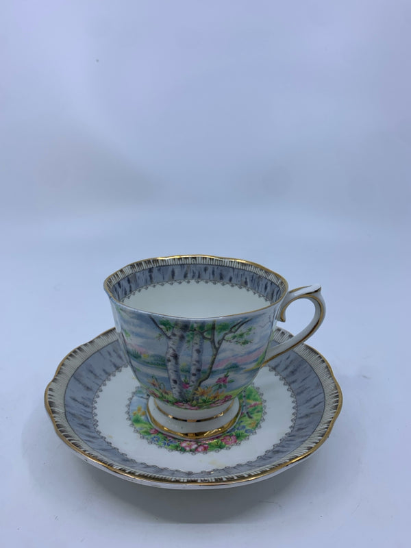 BIRCH TREE W FLORAL TEA CUP AND SAUCER- SILVER BIRCH.