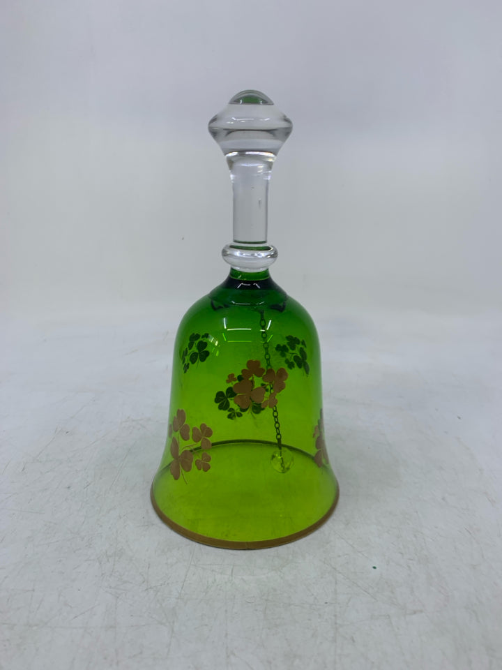 GREEN GLASS BELL W/ GOLD PAINTED SHAM ROCKS.