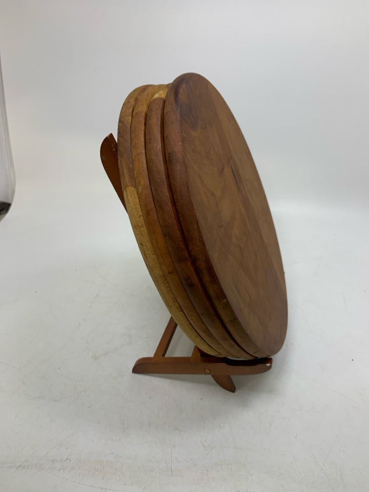 5 PC 4 OVAL WOOD LARGE COASTERS W/ STAND.