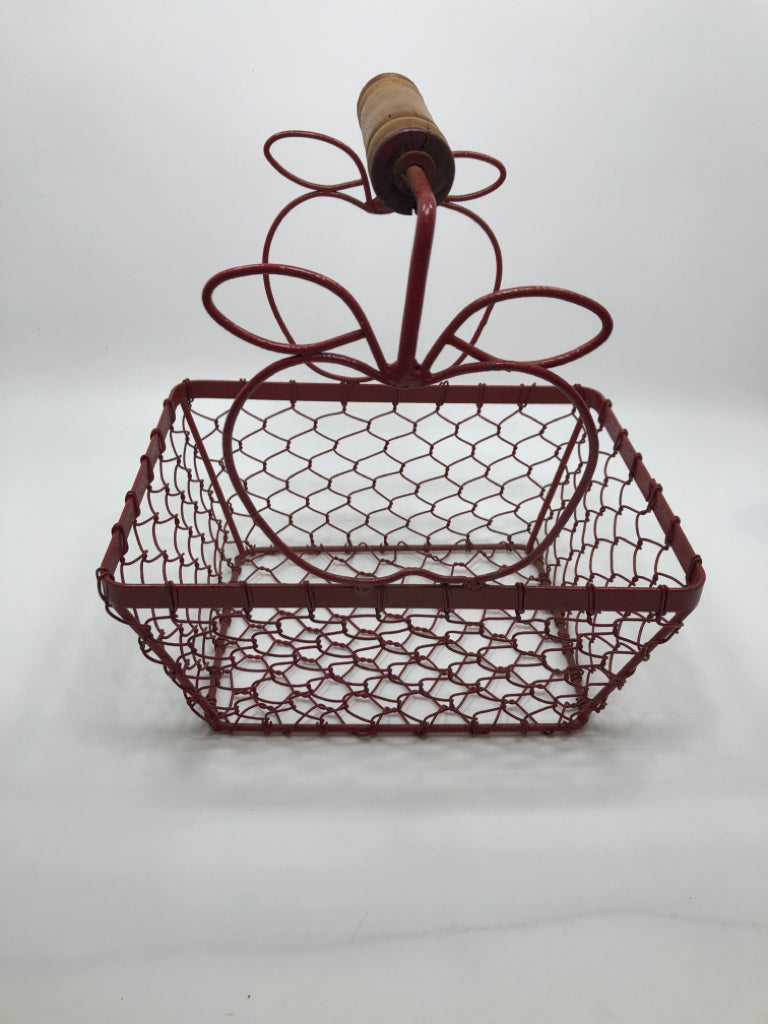 RED WIRE APPLE BASKET W/DOWEL HANDLE.