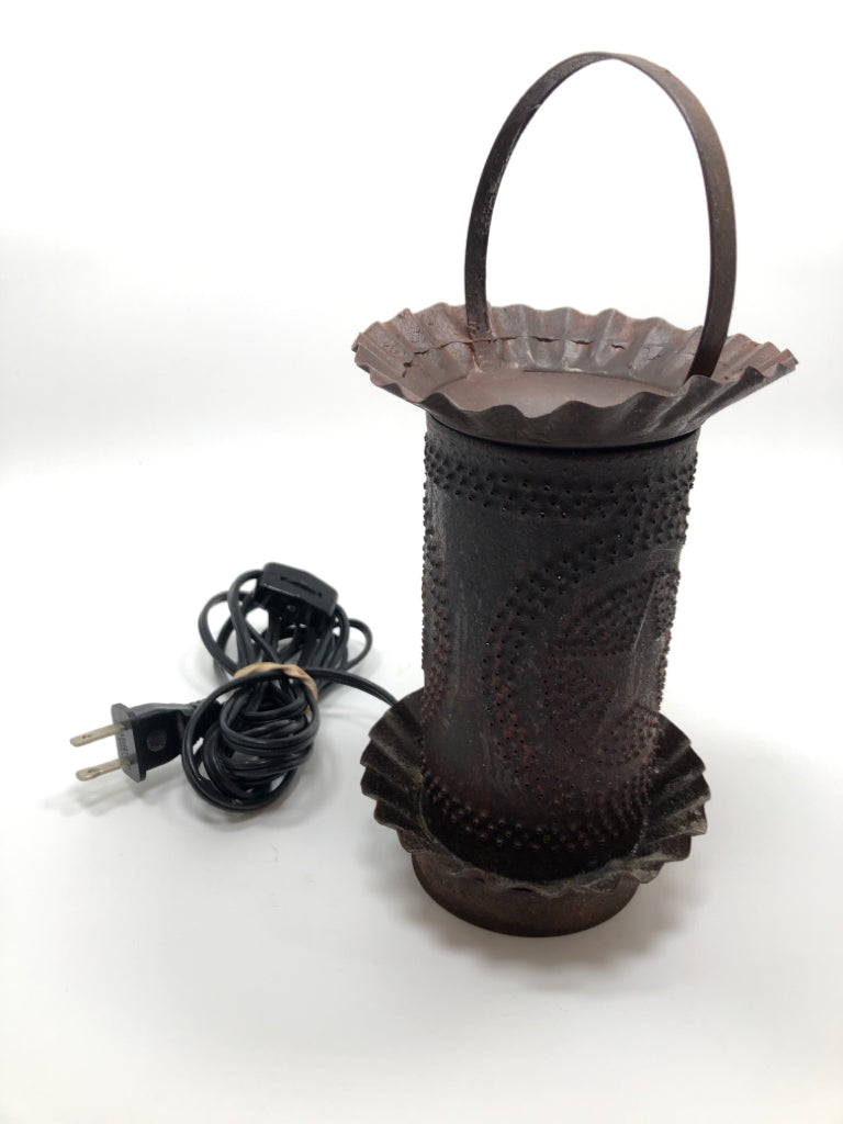 PRIMITIVE PUNCHED TIN LIGHT-UP WAX WARMER.