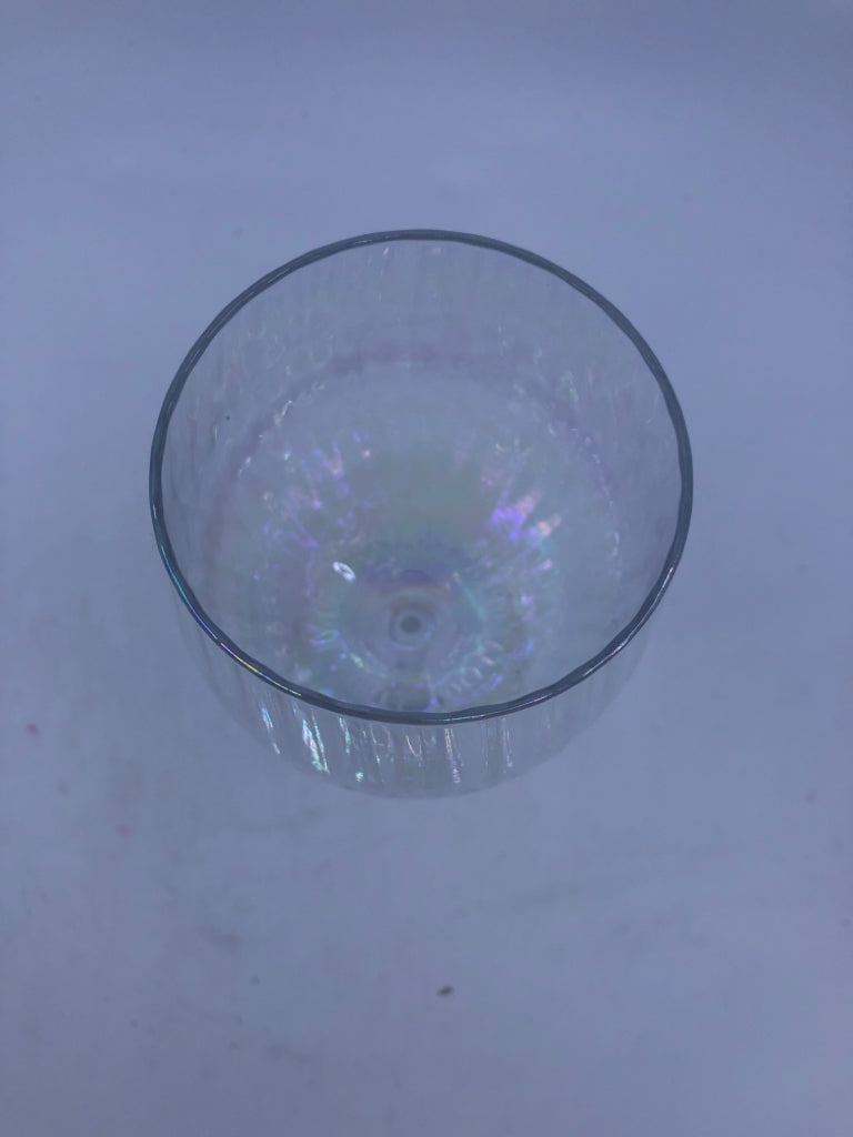 2 RIBBED IRIDESCENT WINE GLASSES.