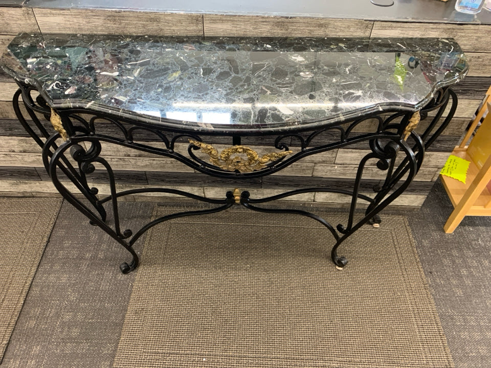 BLACK WROUGHT IRON BLACK MARBLE TOP CONSOLE TABLE.