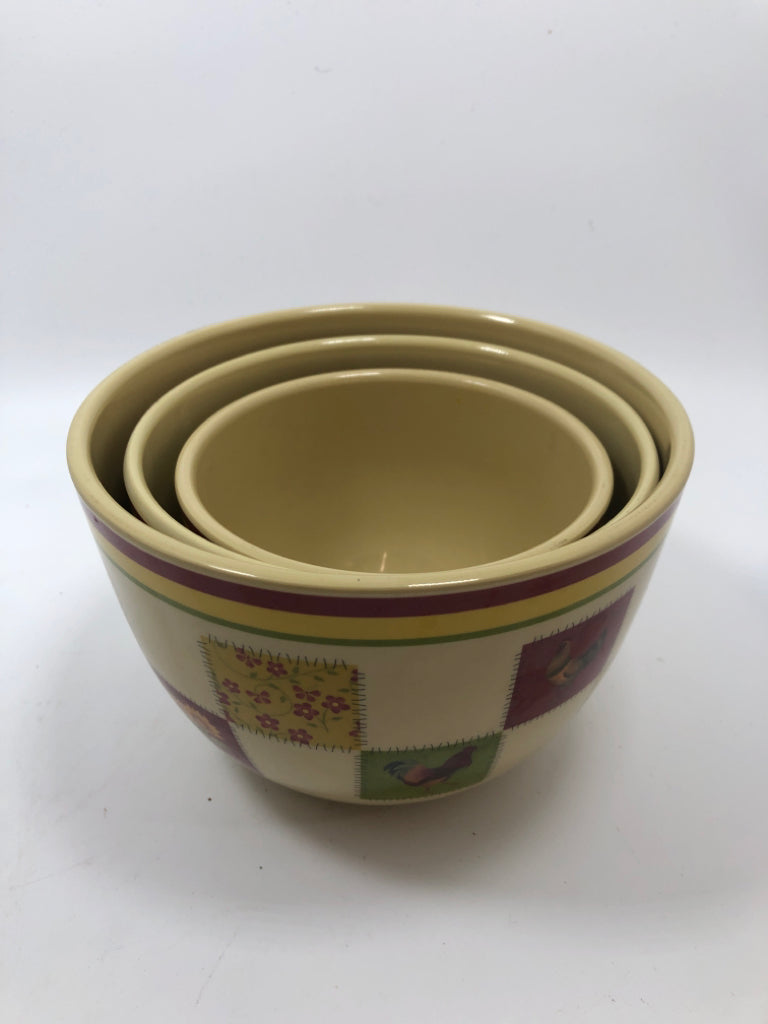 3PC ROOSTER MELAMINE NESTING BOWLS.