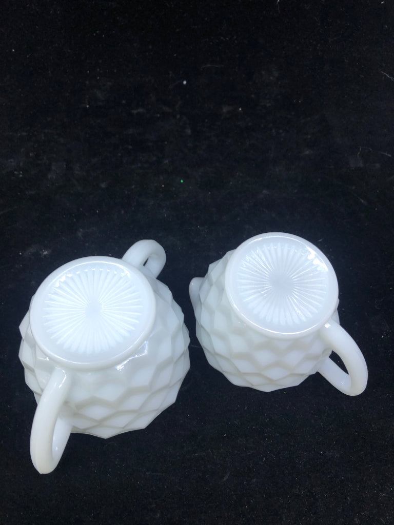 2 PC VTG MILK GLASS SUG/CREAMER DIAMOND CUBE PATTERN.