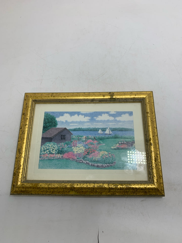 SMALL FRAMED FLOWER GARDEN W/ SAILBOATS IN GOLD FRAME.