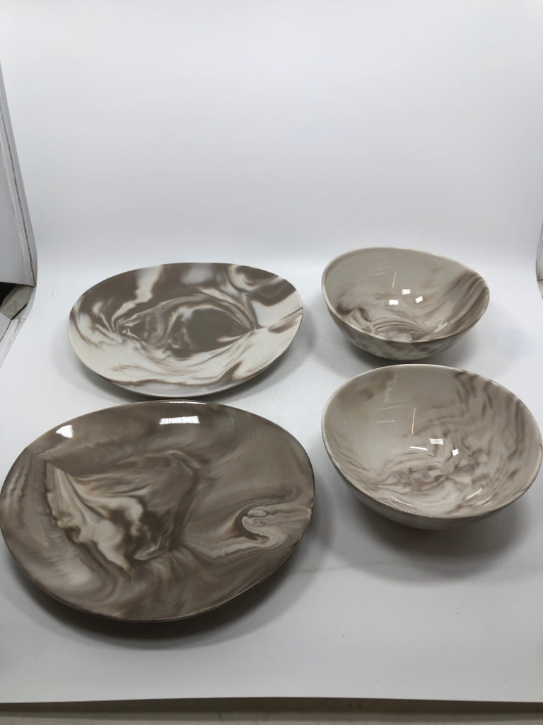 2 BROWN MARBLE BOWLS, 2 PLATES.