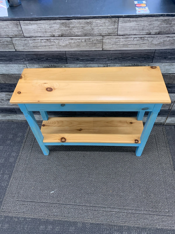 BLONDE WOOD AND TEAL ENTRY TABLE W/ BOTTOM SHELF.