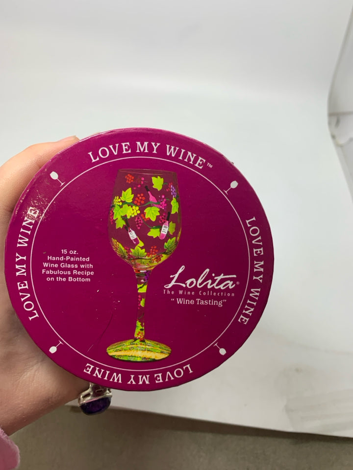 NIB WINE TASTING PAINTED WINE GLASS.