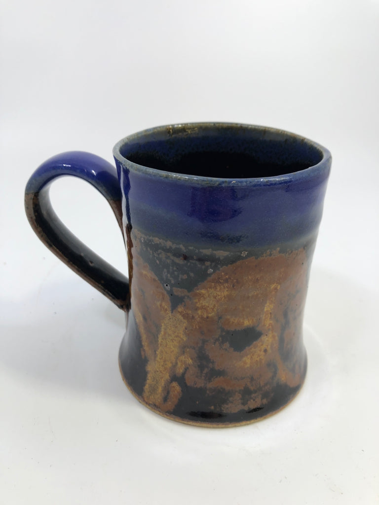 BLUE POTTERY MUG W/ BROWN&BLACK DESIGN.