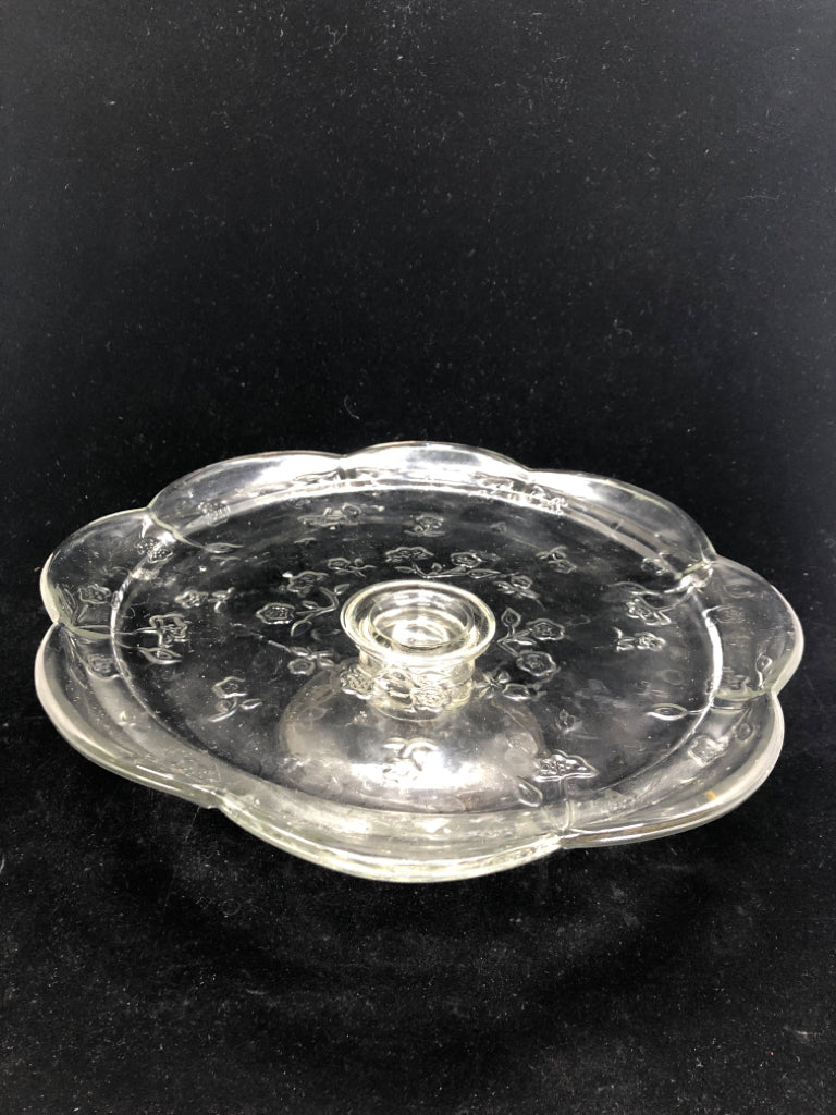 GLASS CAKE STAND W/ROSE ETCHING.
