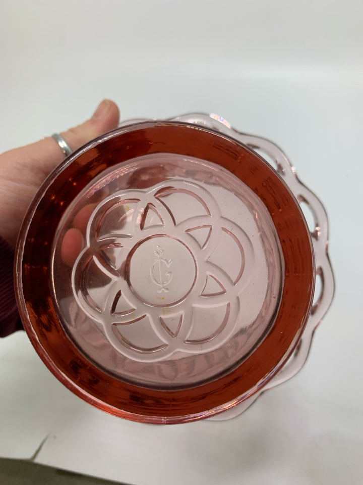 VTG AZALEA PINK GLASS CANDY BOWL W/ LACE EDGE.