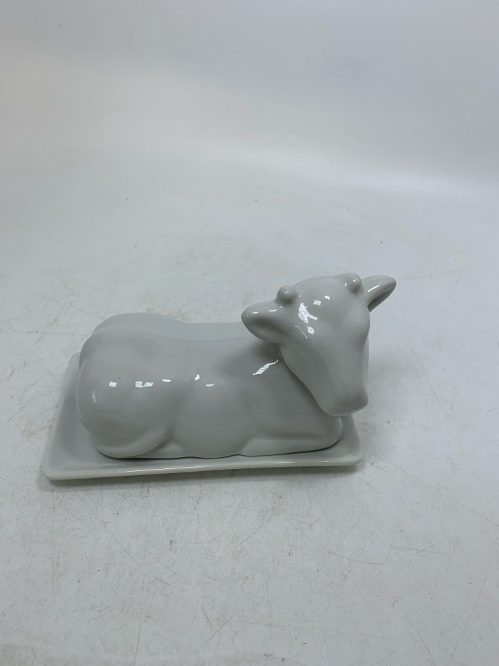 WHITE CERAMIC COW BUTTER DISH.