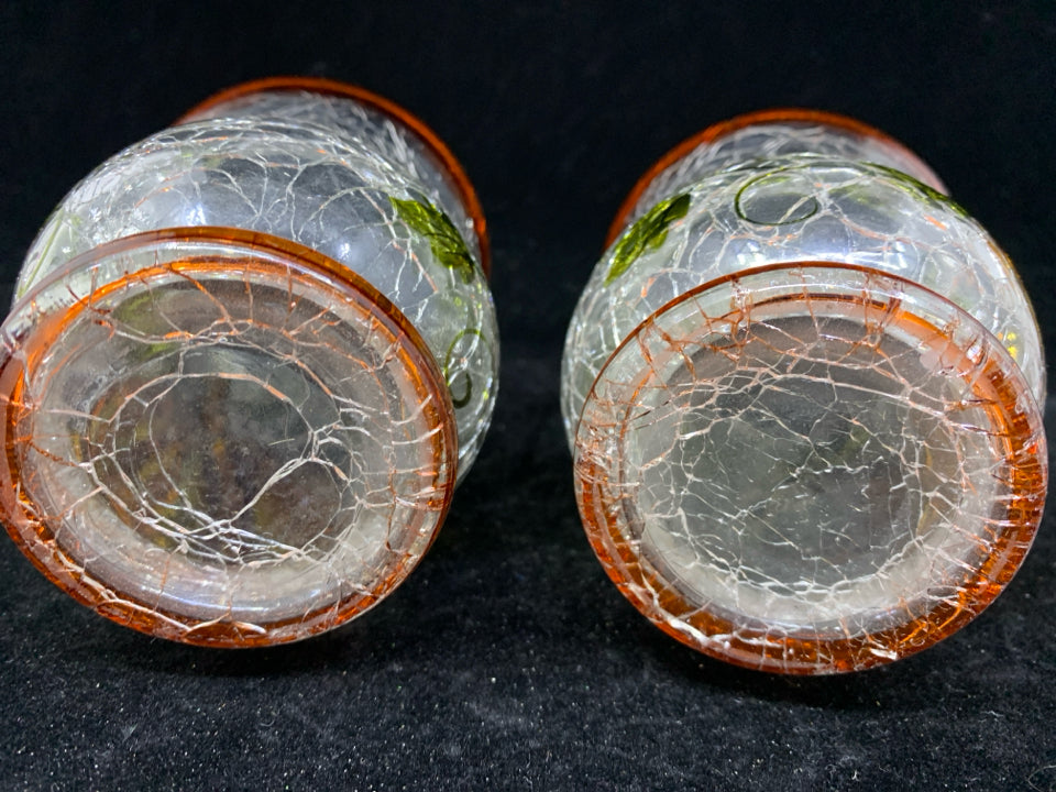 2 CRACKLE GLASS W PUMPKINS TEA LIGHT HOLDERS.