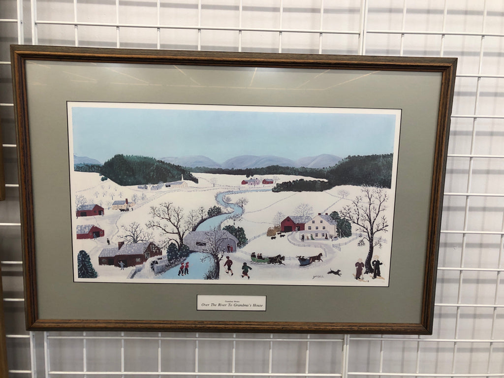 GRANDMA MOSES WALL ART OVER THE RIVER TO GRANDMAS HOUSE FRAMED PRINT.