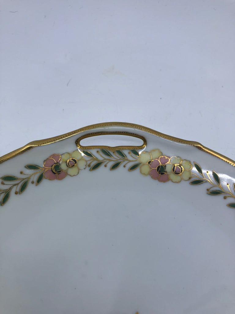 VTG PINK/YELLOW FLORAL RIMMED SERVER W HANDLES.