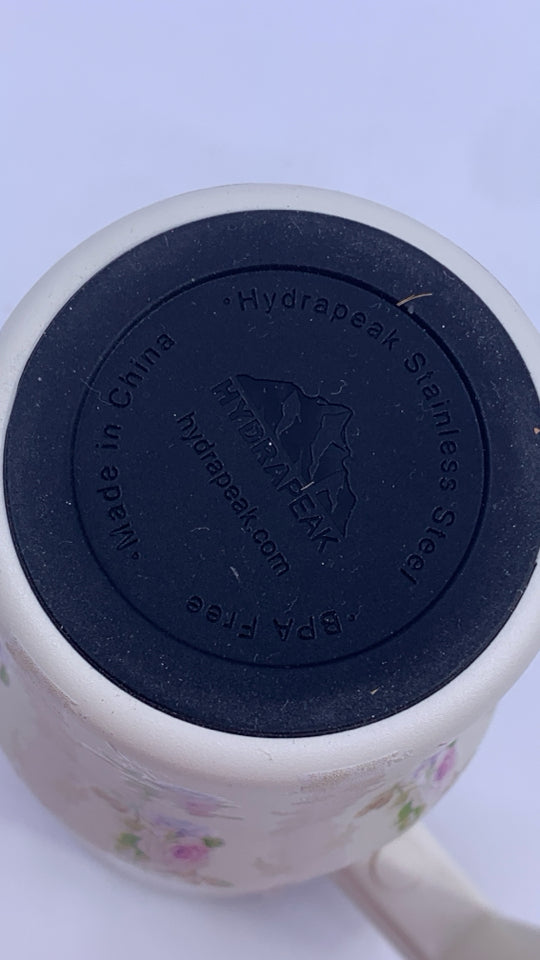 HYDRAPEAK WATER BOTTLE CREAM W/ PINK+PURPLE FLOWERS.