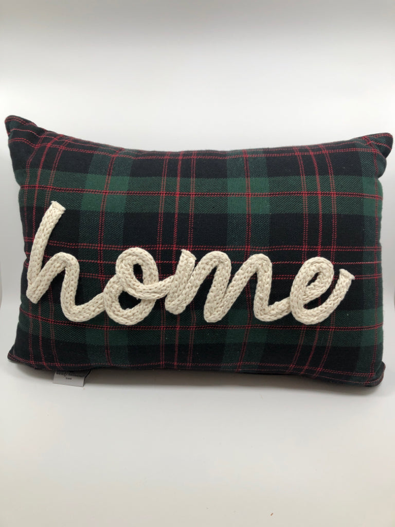 "HOME" GREEN/BLACK/RED PLAID ACCENT PILLOW.