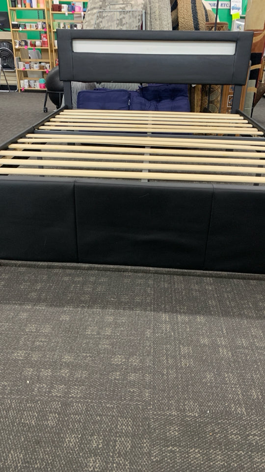 BLACK FAUX LEATHER FULL BED W/LED LIGHT HEADBOARD.