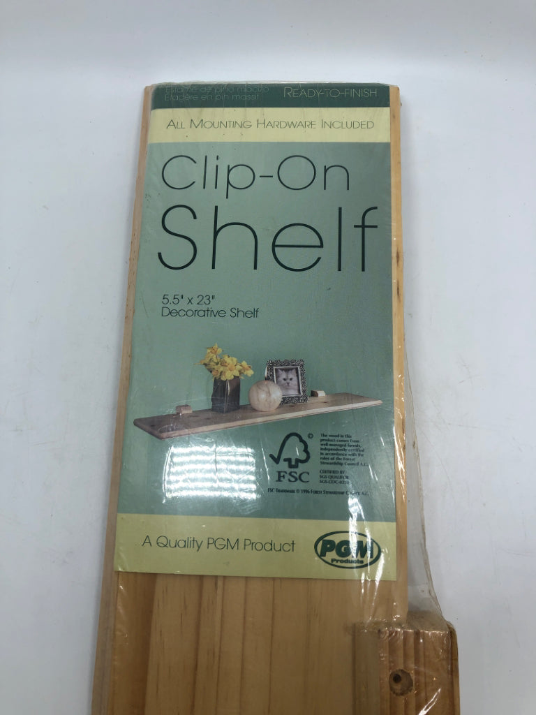 NIP UNFINISHED WOOD CLIP ON SHELF.
