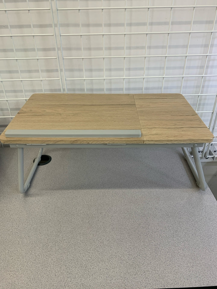 FOLDING GREY METAL LAP DESK W/TAN TOP.