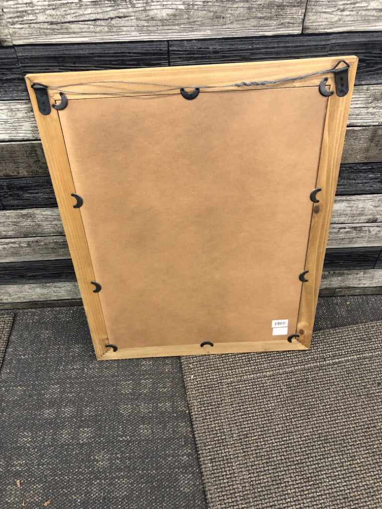 ORANGE AND FLOWER PRINT IN UNFINISHED WOOD FRAME.