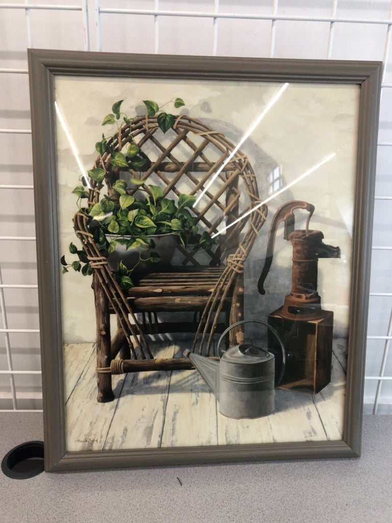 WICKER CHAIR W/IVY PRINT IN GREY WOOD FRAME.