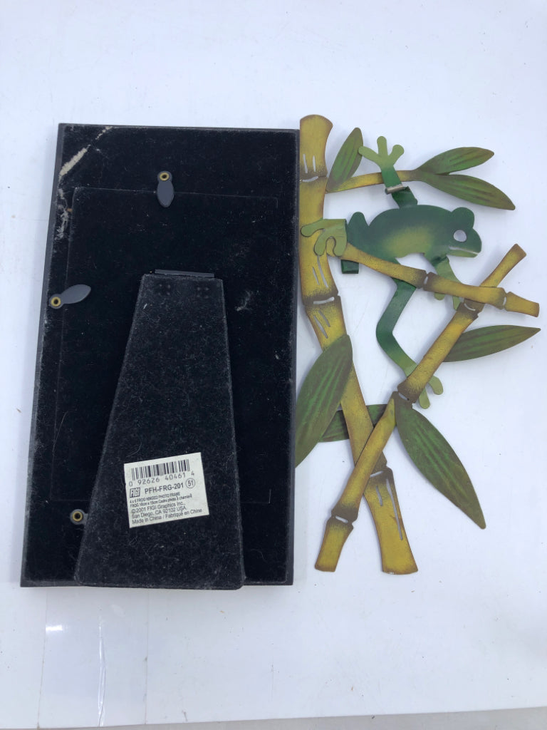 GREEN METAL FROG BLACK PICTURE FRAME.