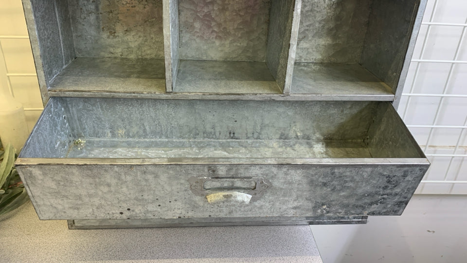 GALVANIZED METAL 9 CUBBY 2 DRAWER SHELF.