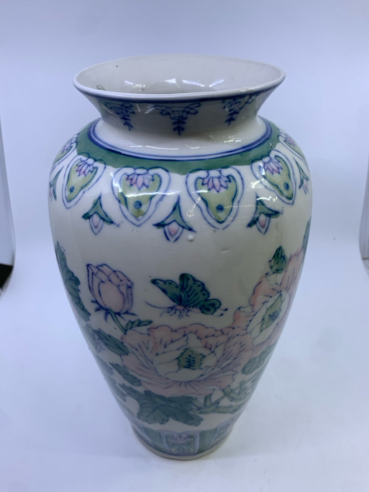 LARGE ASIAN STYLE FLOOR VASE W/ PINK FLOWERS GREEN DESIGNS.