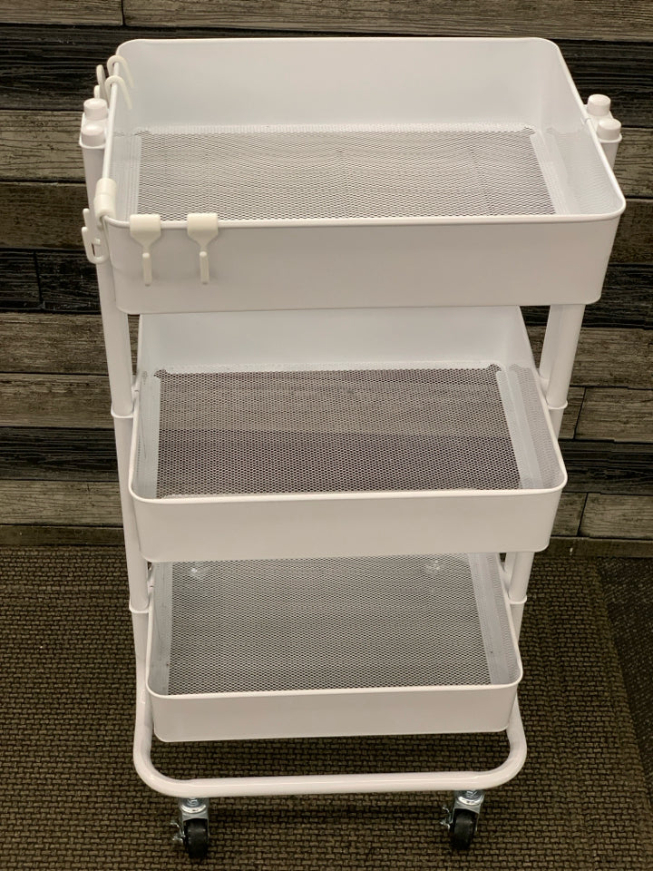 3 TIER WHITE METAL ROLLING CRAFT STORAGE CART.