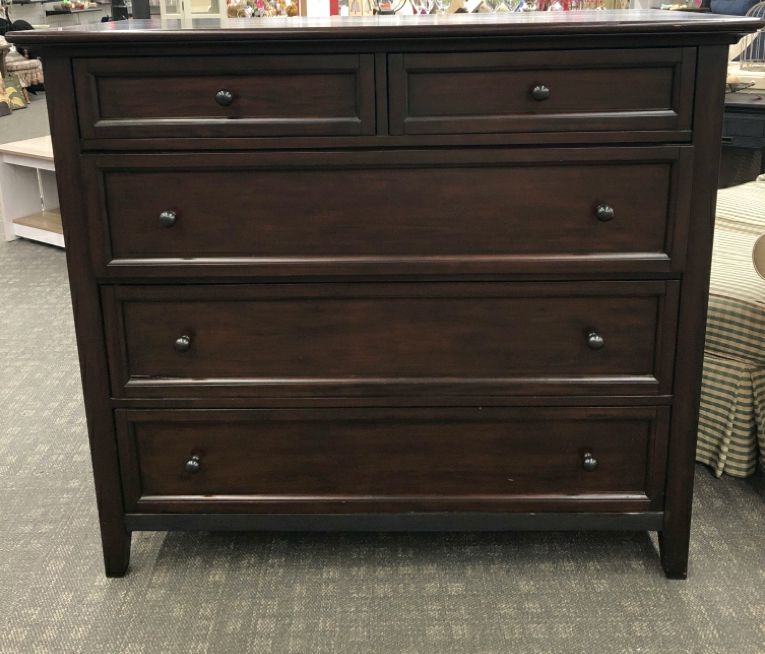 HEAVY DARK WOOD DRESSER W/ 3 LARGE DRAWERS & 2 SMALL DRAWERS.