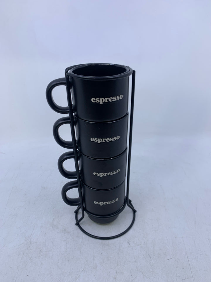 4 MATTE BLACK ESPRESSO MUGS IN METAL STAND.