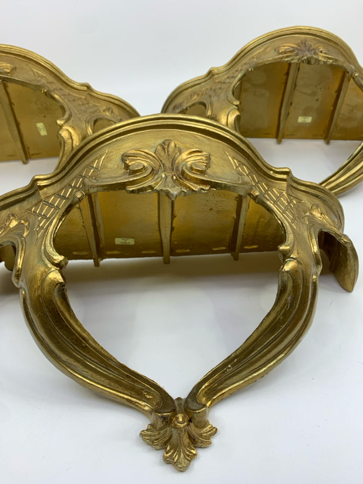 3 VTG GOLD PLASTIC WALL SHELVES MADE IN ITALY.