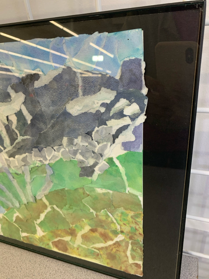 ABSTRACT MIXED MEDIA BLUE+GREEN FRAMED ART.