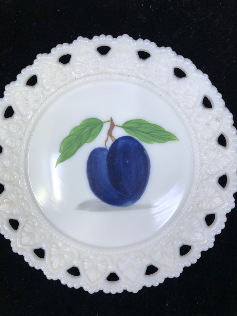 2PC MILKGLASS LACED EDGE PLATES W/PLUMS.