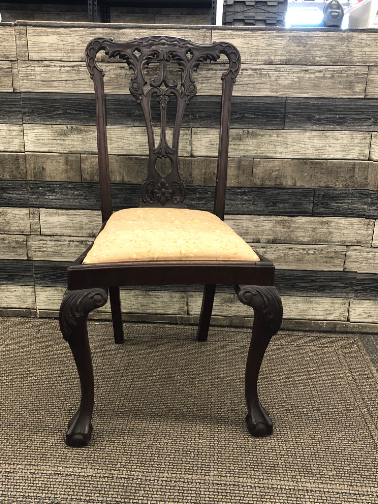 VTG DARK WOOD ACCENT CHAIR W TAN AND PERIWINKLE FLORAL.