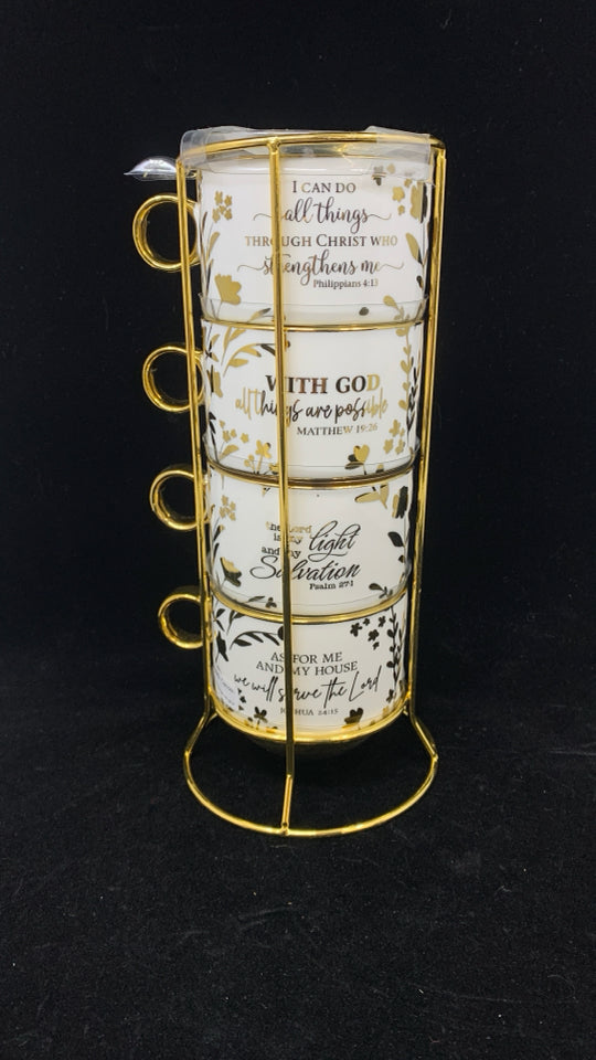 4 GOLD RIMMED I CAN DO ALL THINGS MUGS IN STAND.