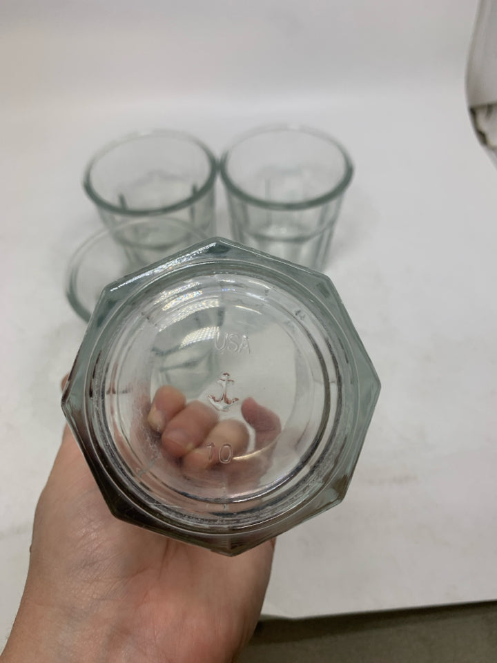 4 SHORT GLASS JUICE GLASSES.