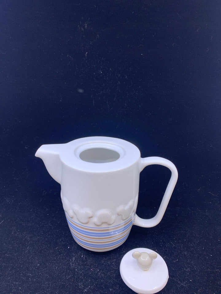 CERAMIC WHITE BLUE AND BROWN MICKEY MOUSE TEA POT.