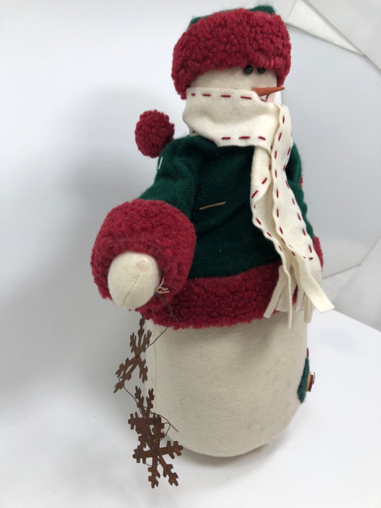 SNOWMAN HOLDING METAL SNOWFLAKES.