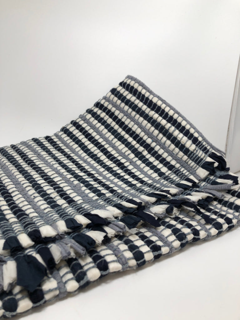 BLUE & WHITE WOVEN TABLE RUNNER.