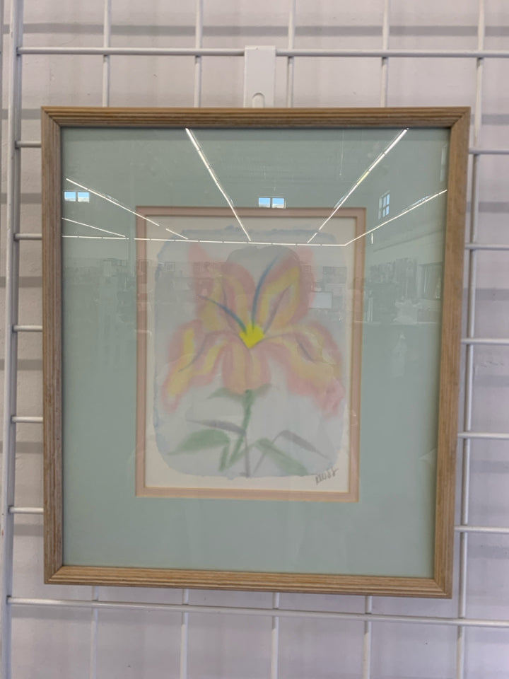 PINK FLOWER WATERCOLOR IN WHITEWASHED WOOD FRAME.