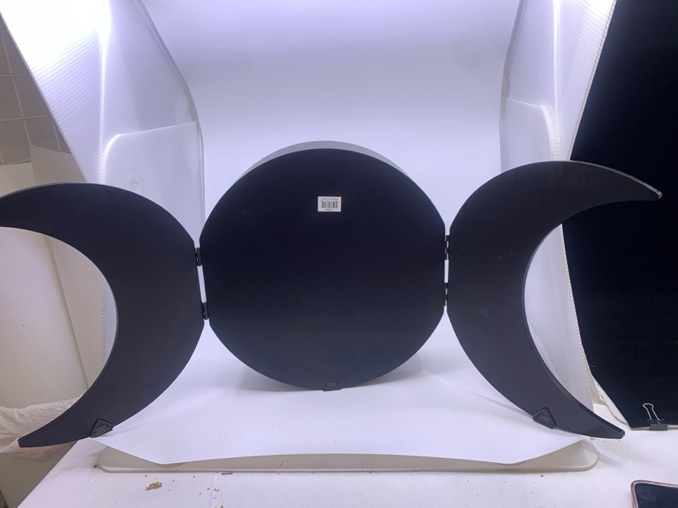 BLACK CIRCLE WALL SHELF W/ 2 CRESCENT MOONS.