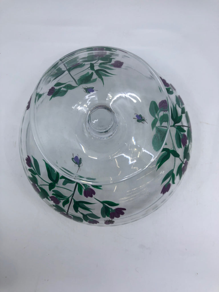 FOOTED SERVING BOWL W/ PAINTED PURPLE FLOWERS+DRAGONFLY.