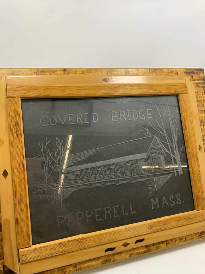 PEPPERELL COVERED BRIDGE ETCHED GLASS ART ON WOOD PLAQUE.